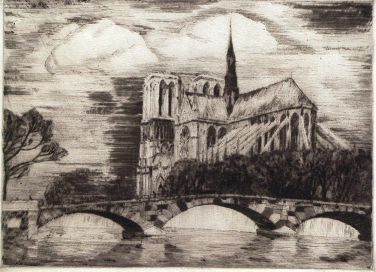 Katedra Notre Dame w Paryżu na rysunku Władysława Skoczylasa z 1923 r. Źródło: Polona.